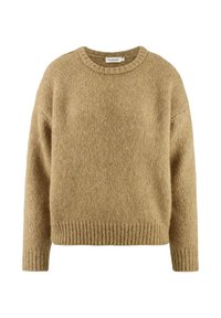Chunky Strickpullover in warmem Beige, runder Hals, überschnittene Schultern, gerippte Bündchen und Saum, weiche Textur, vielseitig zum Layering.