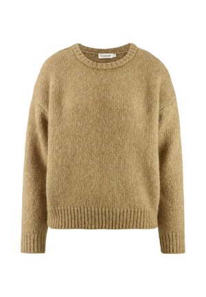 Chunky gebreide trui in warm beige, ronde hals, verlaagde schouders, geribbelde boorden en zoom, zachte textuur, veelzijdig voor het dragen in lagen.