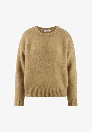 Maglione lavorato a maglia spesso in un caldo beige, colletto rotondo, spalle scese, polsini e orlo a costine, texture morbida, versatile per sovrapposizioni.