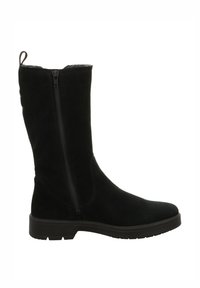 Zwarte suède hoge laarzen met een ritssluiting aan de zijkant, platte rubberen zool en een gestructureerde binnenvoering. Eenvoudig ontwerp en gestroomlijnde vorm.