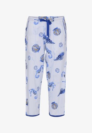 White pants with blue and yellow seashell and seahorse patterns, featuring a blue drawstring waist and blue trim at the ankle hems.
