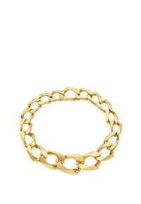 Bracciale in metallo dorato con catena caratterizzata da anelli sovradimensionati e intrecciati, con una finitura lucida e forme lisce e curate.