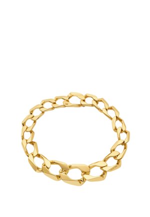 Bracciale in metallo dorato con catena caratterizzata da anelli sovradimensionati e intrecciati, con una finitura lucida e forme lisce e curate.