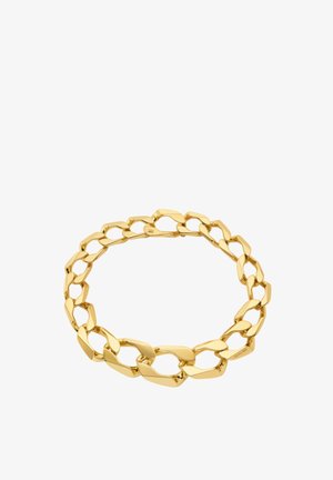 Goldfarbenes Metallarmband mit übergroßen, ineinandergreifenden Gliedern, einem hochglänzenden Finish und sanften, geschwungenen Formen.