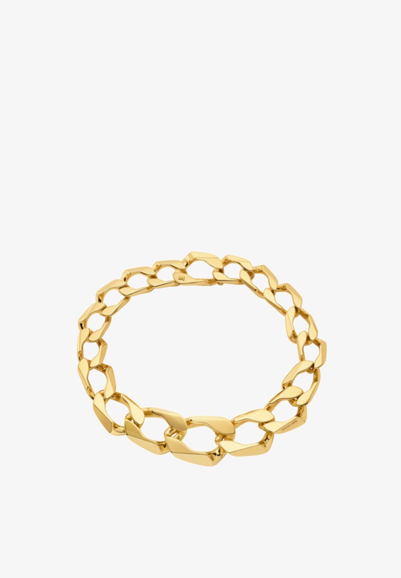 Pulsera de cadena de metal dorado con eslabones sobredimensionados entrelazados, acabado pulido y formas suaves y curvas.