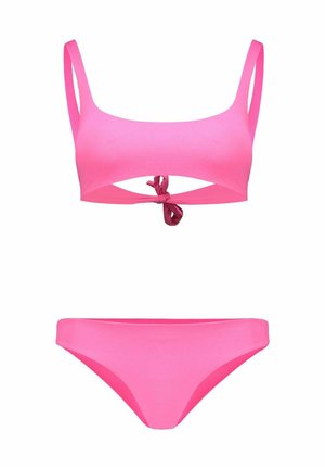 Bikini due pezzi rosa vivace con top a scollo quadrato caratterizzato da un nodo anteriore e slip bikini a vita bassa abbinati.