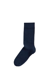 Calzino di cotone blu navy, lunghezza a metà polpaccio, colore uniforme, bordo rigato, texture liscia, senza motivi o decorazioni, design classico.