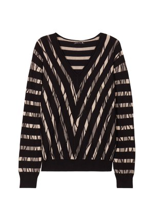 V-hals trui met een zwart-beige gestreept patroon met variërende breedtes, gebreide textuur en lange mouwen. Geweven details op de stof.