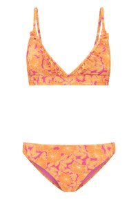 Gėlių bikini komplektas, turintis trikampį viršų ir vidutinio pločio apačią. Pagamintas iš ryškiai oranžinės medžiagos su rožinėmis gėlių raštais ir volanų detalėmis.