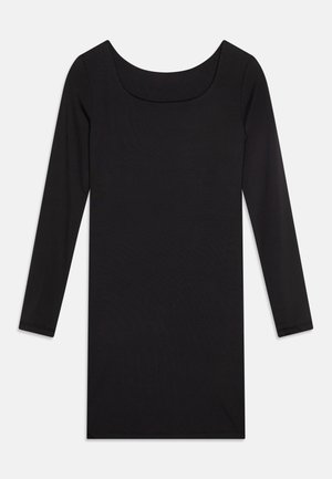 Mustahdusmustapuku pitkillä hihoilla ja pyöreällä pääntiellä, valmistettu sileästä kankaasta. Yksinkertainen, vartalonmyötäinen malli ilman kuvioita tai koristeluita.