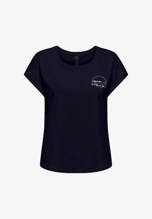 Marineblaue kurzärmlige T-Shirts aus Baumwolle. Hat einen runden Ausschnitt und eine Brustgrafik mit dem Text "Limitless - Only Play EST. 2006."