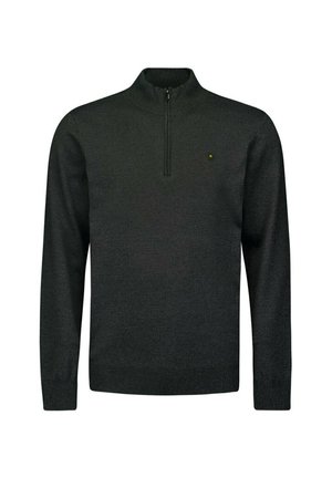 Donkergrijze zip-necksweater, gemaakt van een zacht materiaal. Heeft een kwart-rits en een klein logo op de borst. Standaard pasvorm.