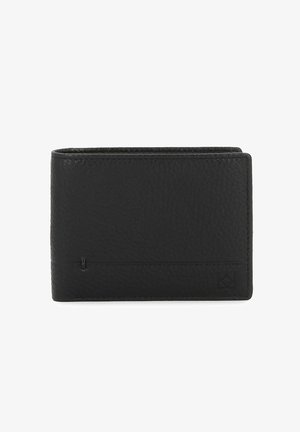 Cartera de cuero negro con un acabado texturizado. Presenta un bolsillo frontal y un logo grabado sutilmente. Forma rectangular plegada.