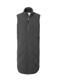 Long black quilted sleeveless vest with high collar and front zipper, featuring zippered side pockets and a curved hem.