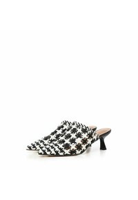 Black and white woven mules with a pointed toe, low accent heel, and textured surface featuring floral patterns.
