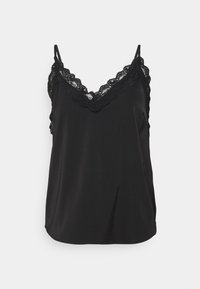 Camisola nera con spalline regolabili e scollatura a V rifinita con pizzo decorativo. Tessuto liscio simile alla seta con una vestibilità rilassata.