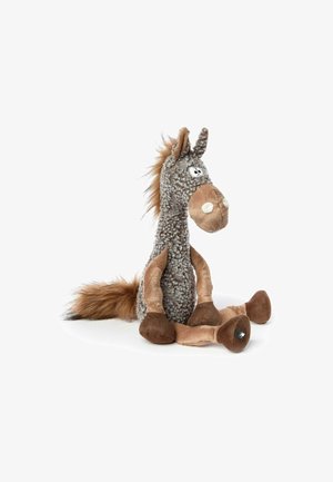 Plüschtier in Form eines Pferdes mit einem strukturierten grauen Körper, braunen Beinen und einer flauschigen braunen Mähne sowie einem Schwanz. Besitzt große Augen und eine runde, weiche Schnauze.