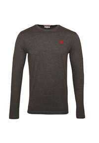 Long-sleeve, crew-neck shirt in dark gray fabric with a smooth texture, featuring a small red logo on the left chest.