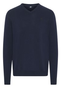 Navyblauer V-Ausschnitt-Pullover aus weichem Strickmaterial, mit einem dezenten Logo-Detail auf der Brust und gerippten Bündchen und Saum.