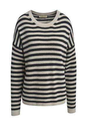 Schwarz-beige horizontal gestreifter langer Pullover mit rundem Halsausschnitt, gerippten Bündchen und Saum.