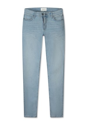 Lichtblauwe slim-fit jeans van denim, met een knoopsluiting, vijf zakken en een zachte textuur met een lichte vervaging.