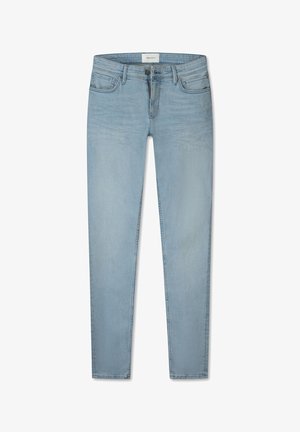 Lichtblauwe slim-fit jeans van denim, met een knoopsluiting, vijf zakken en een zachte textuur met een lichte vervaging.