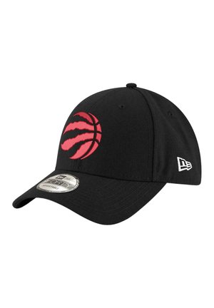 Schwarze Baseballmütze mit einem roten Toronto Raptors-Logo, aus Stoff mit einem gebogenen Schirm und verstellbarem Riemen auf der Rückseite.