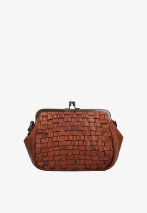 Rudas odinis delninukas su pynimo raštu ir metaliniu užsegimu, priekyje dekoratyvūs apvalūs akcentai.