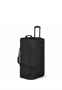 Sac de sport rectangulaire noir à roulettes avec poignée télescopique extensible, poignées latérales et supérieures, et plusieurs compartiments zippés.