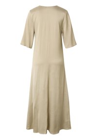 Beige midi-kjole med albuelange ærmer og en let udvidet nederdel, vist bagfra på en hvid baggrund.