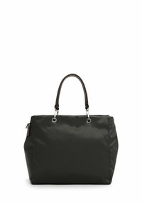 Bolso tote de nylon verde oscuro con robustas asas de cuero marrón y detalles en hardware plateado; forma rectangular estructurada con textura suave.