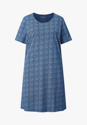 Šaty s krátkými rukávy z modré vzorované látky s kulatým výstřihem a volným střihem, vyrobené z měkkého, prodyšného materiálu.