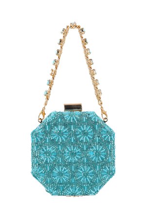 Oktagonformet turkis perleclutch med blomsterprint og en guldkæde med turkise perler.