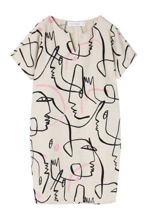 Váll nélküli vászonruha rövid ujjakkal, absztrakt fekete és rózsaszín vonalrajzzal egy krém alapon; egyenes szabás és diszkrét V-nyak.