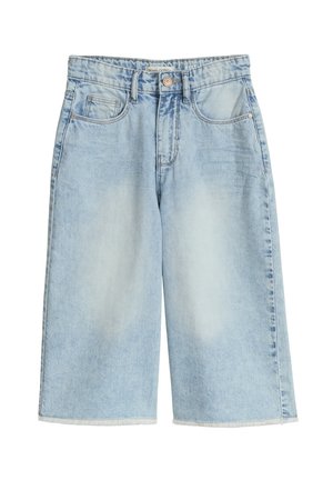 Hellblaue Jeans-Knielange Shorts mit Fronttaschen, Gürtelschlaufen, Knopfverschluss und dezenten ausgewaschenen Stellen an den Vorderbeinen.