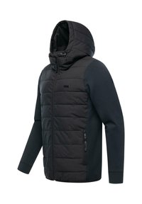 Black hooded jacket with padded front, soft fabric sides, and zippered pockets; features adjustable cords on the hood for a snug fit.