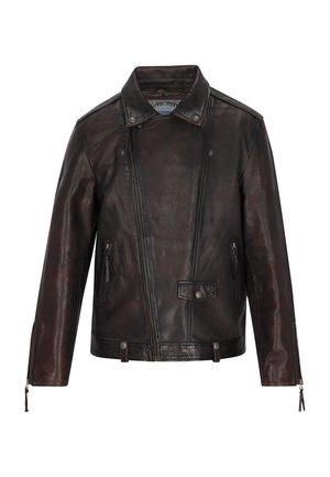 Ruda odinė motociklininko striukė su asimetriška užtrauktuku, mygtuku uždaromą apykaklę, dviem užtrauktukais uždarytomis kišenėmis ir aštriais mygtukais. Lygus paviršius.