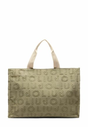 Beżowa torba na ramię z teksturowanym wzorem liter JOLIU oraz dwoma krótkimi uchwytami na białym tle.
