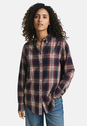 Gekruiste flanellen overhemden in marineblauw, rood en wit; heeft een button-down kraag, lange mouwen en één borstzak. Zachte textuur.