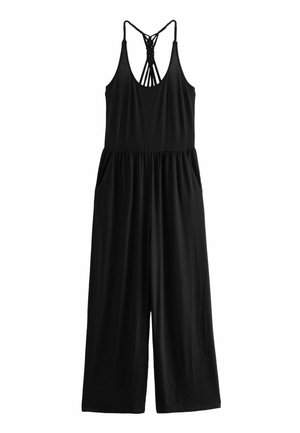 Zwarte mouwloze jumpsuit met wijde pijpen en een rug met bandjes, met een geplooide taille en zijzakken.