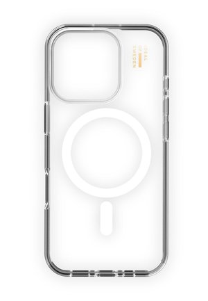 Clear phone case featuring a circular magnetic attachment area, smooth edges, and minimalist design. Text reads "IDEAL OF SWEDEN" in gold.