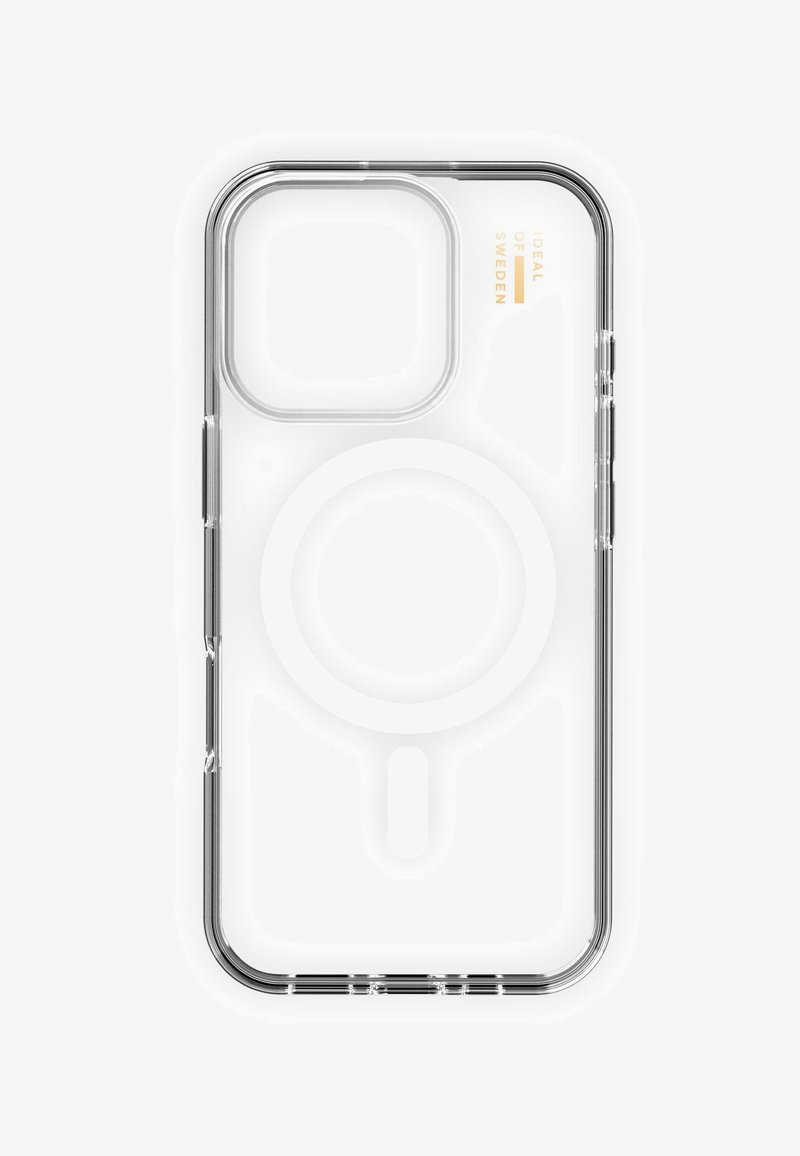 Coque de téléphone transparente avec une zone d'attache magnétique circulaire, des bords lisses et un design minimaliste. Le texte indique "IDEAL OF SWEDEN" en doré.