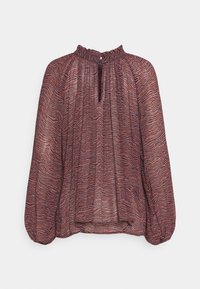 Langärmeliges Bluse in kastanienbraun mit welligem Muster, gerafftem Kragen, Schlitzdetail und Ballonärmeln, aus einem leichten Stoff gefertigt.
