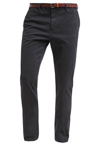 Dark gray cotton trousers with a slim fit, featuring a brown leather belt, standard pockets, and a smooth texture.