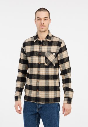 Flanellen shirt met een zwart, beige en grijs ruitpatroon, knoopsluiting aan de voorkant en een enkele borstzak met geweven label.