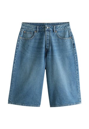 Modré džínové šortky strednej dĺžky s prednými vreckami, pútkami na opasok, zapínaním na gombík a zips na bielom pozadí.