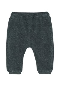 Dunkelgrau-grüne, strukturierte Babyhose mit elastischem Bund und aufgerollten Knöcheln, flach auf einem weißen Hintergrund ausgebreitet.