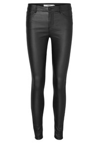 Pantalones skinny de imitación de cuero negros con una textura suave, diseño de cinco bolsillos y cierre de botón de metal en la cintura.