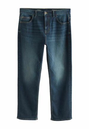 Geradlinige, dunkelblaue Denim-Jeans mit glatter Textur, fünf Taschen und dezenten Auswascheffekten. Mit Metallknopfverschluss und Gürtelschlaufen.