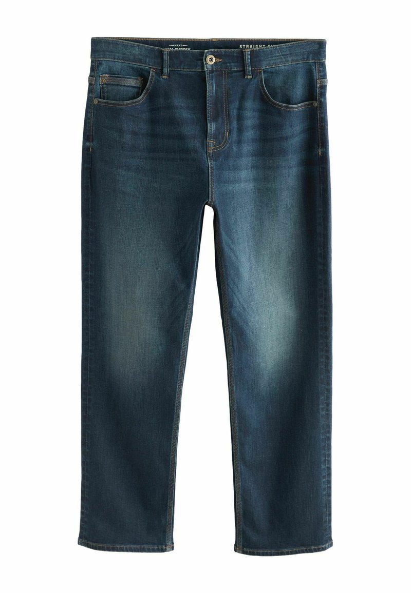 Otsitud sirge lõikega tumedat sinist denimist teksapüksid, millel on sile tekstuur, viis taskut ja kerge kulumine. Metallist nööp sulgemiseks ja püksivöökummid on kaasas.